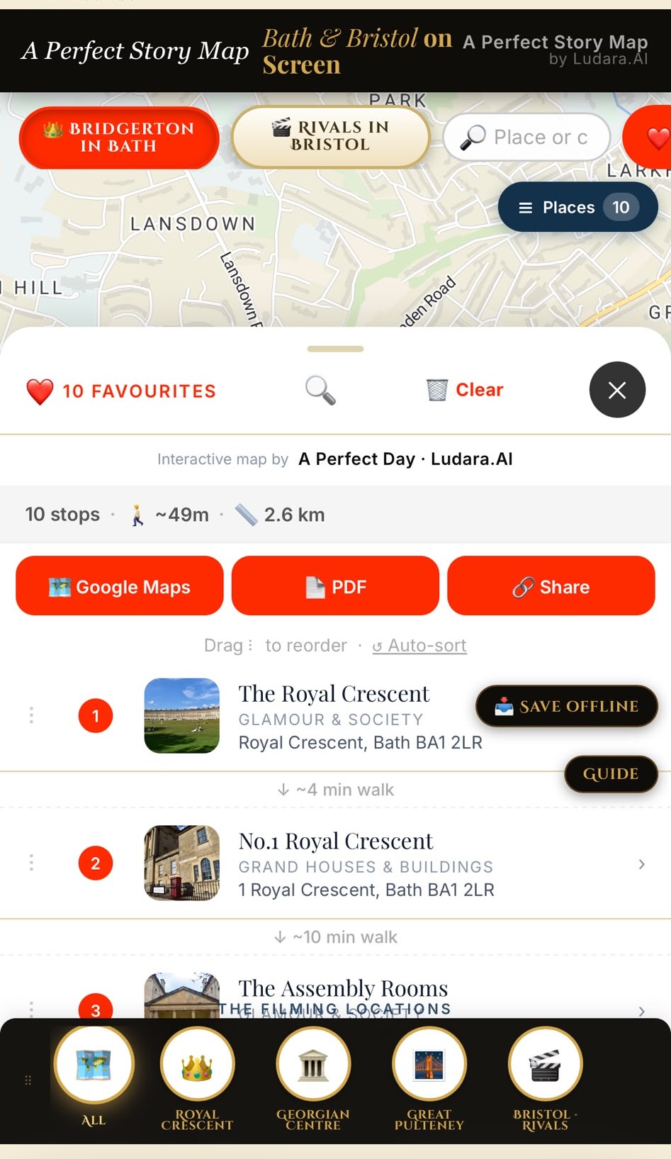 The locations list with save, guide and share