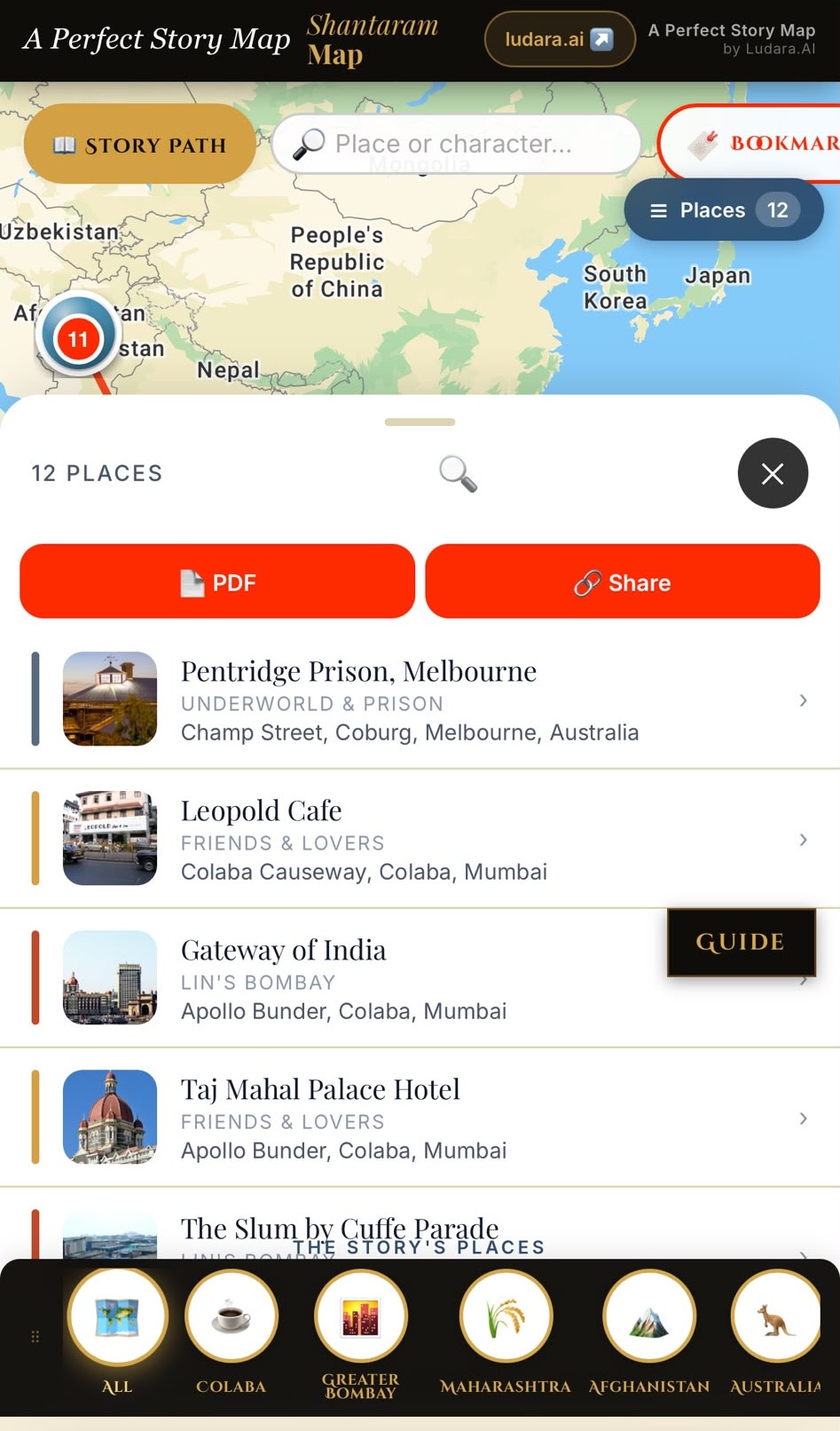 The places list with PDF and Share