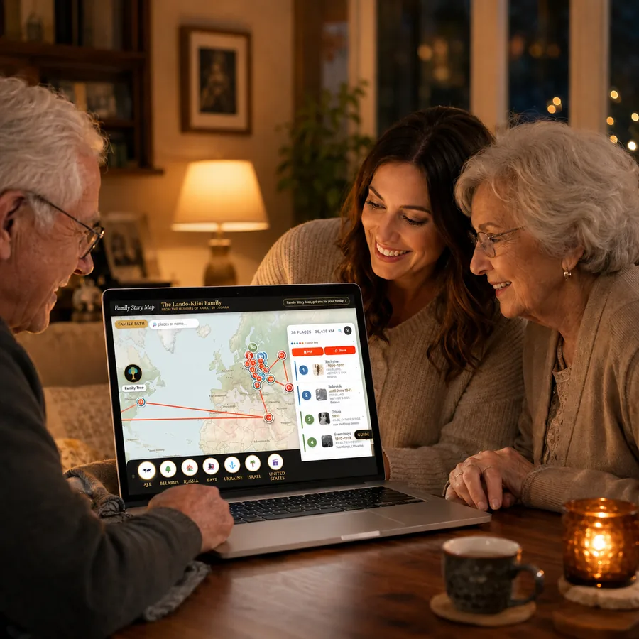 Three generations of one family at a laptop, looking at their Family Story Map together