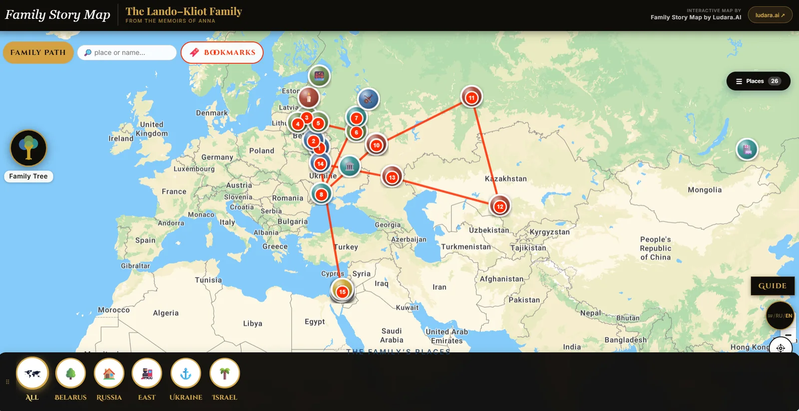 The whole family map: a numbered path from Belarus and Lithuania through Russia and Ukraine down to Israel, with region filters along the bottom
