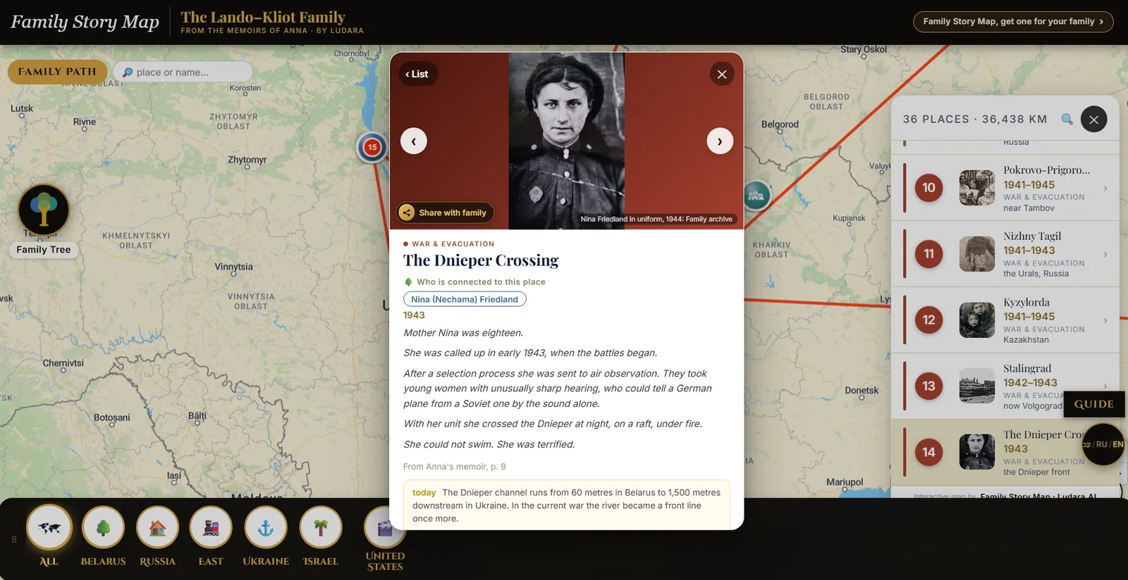 A place card open over the map: the archive portrait of an eighteen year old woman in uniform, the family member connected to the place, the year 1943, and the passage from the memoir describing her crossing of the Dnieper