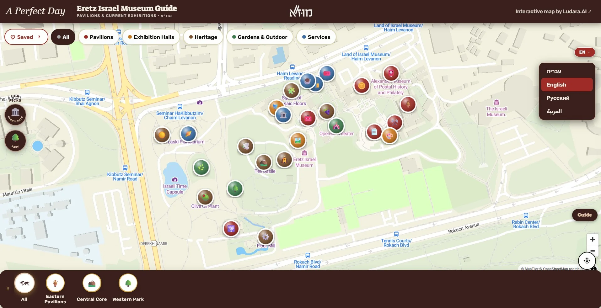 The Eretz Israel Museum interactive map on desktop, with the language selector open