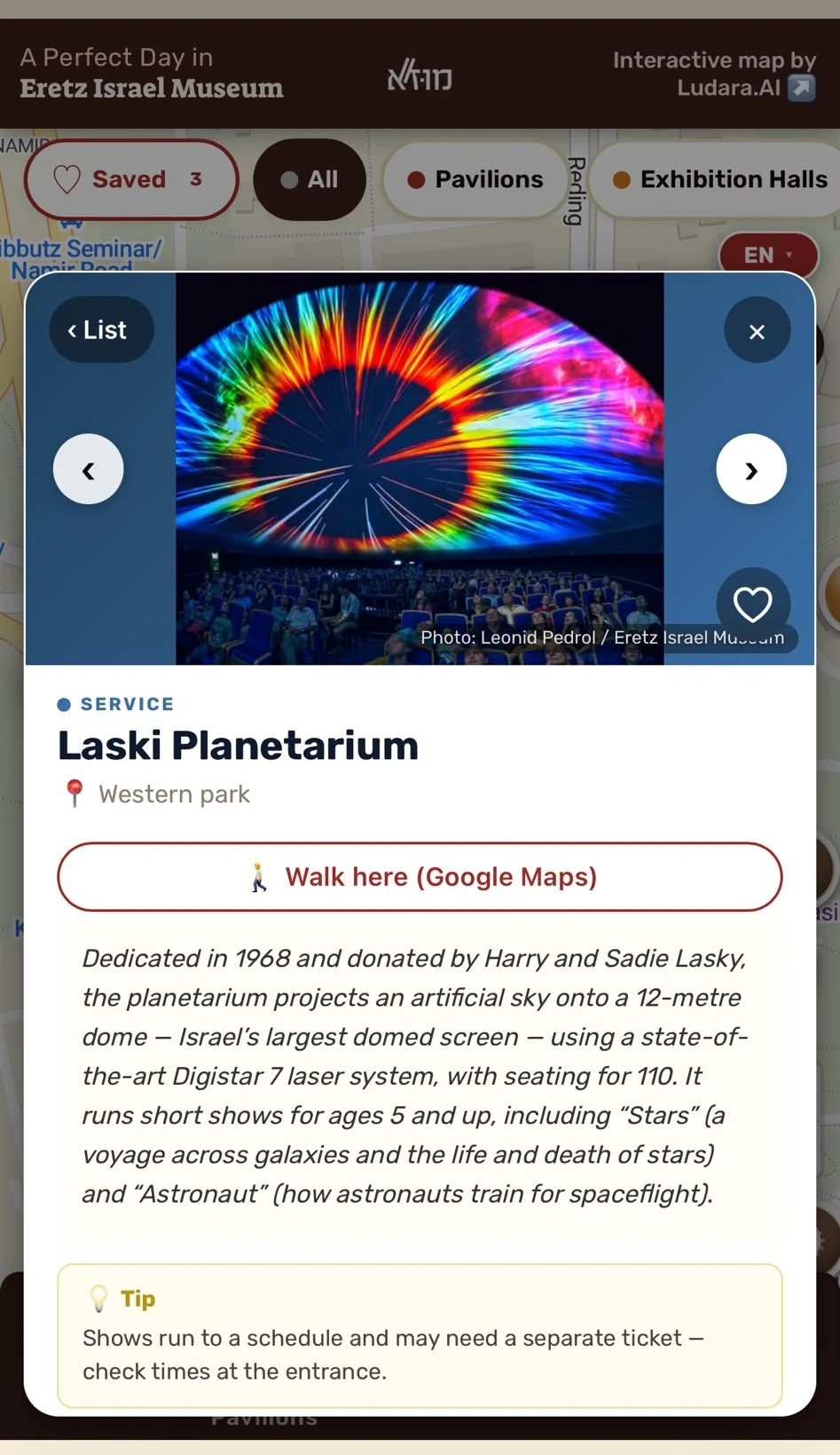 Place card with photo, description and walking route