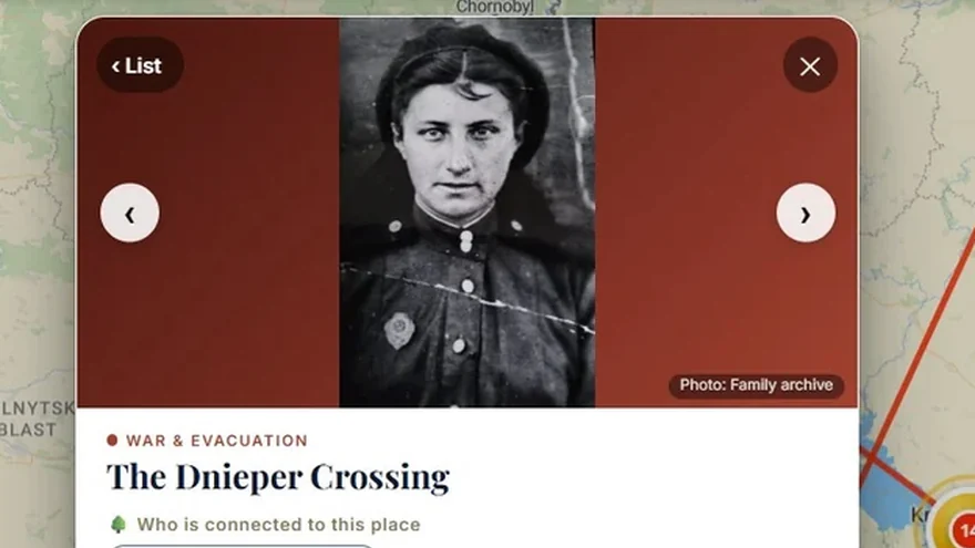 A place card open on the map: an archive portrait of a young woman in uniform above the title The Dnieper Crossing